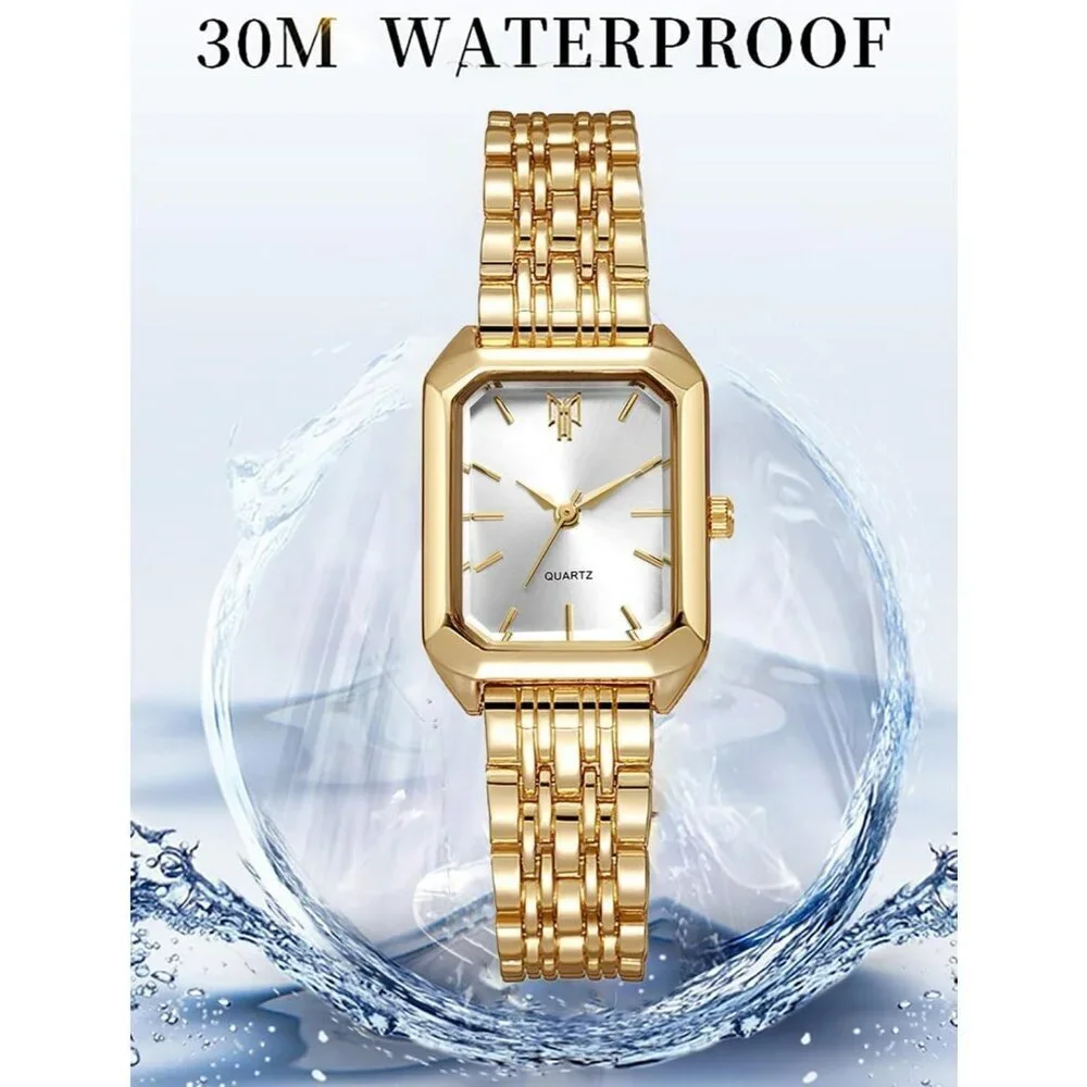 Women's Gold Black Square Quartz Wrist Watches Steel Strap Casual Fashion